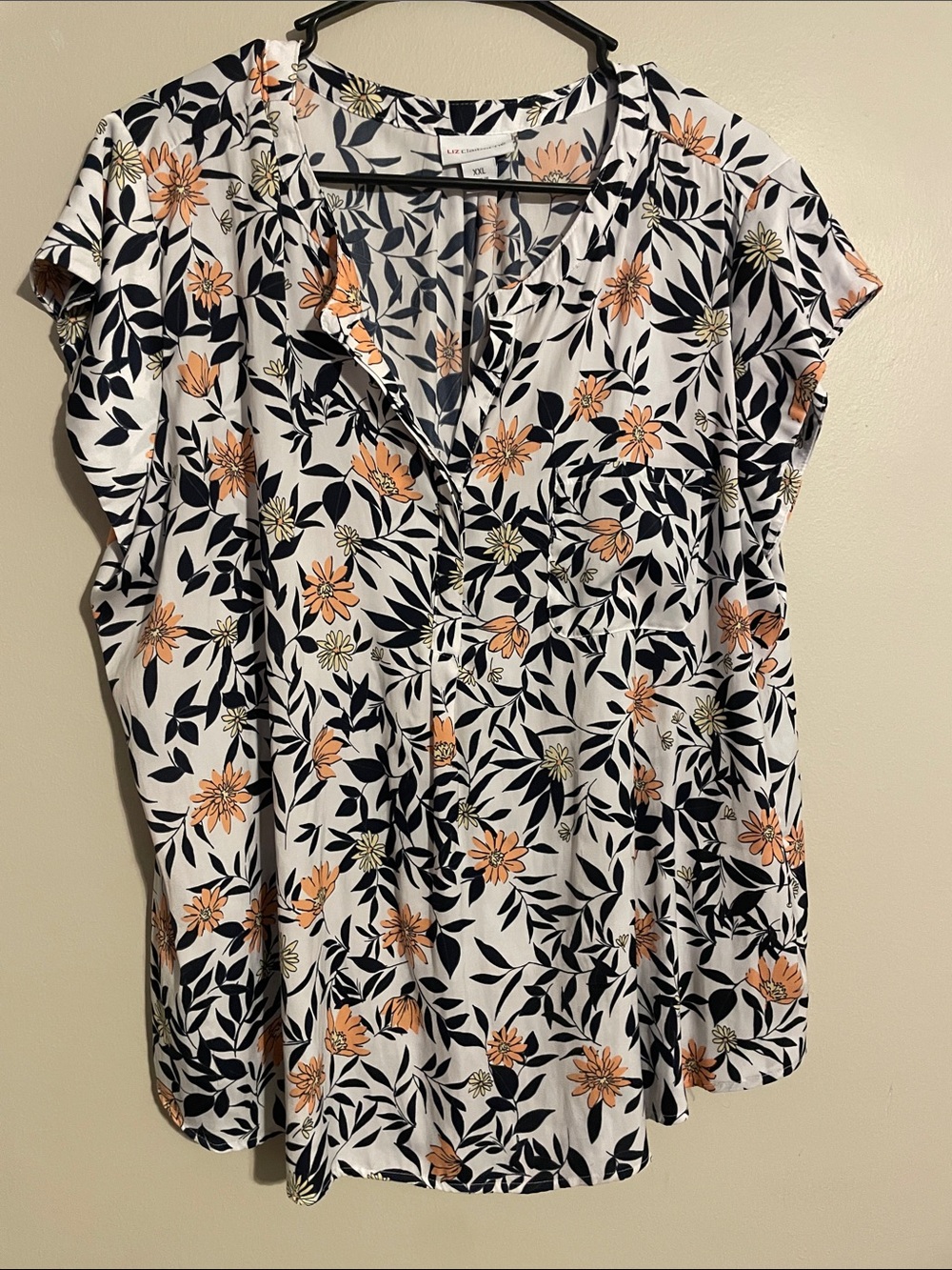 Liz Claiborne White Floral Blouse with Peach and Black Print